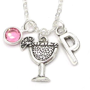 Cocktail Beverage Necklace- birthstone and initial, Margarita Jewelry, Cocktail Jewelry, Mojito Gift, Alcohol Jewelry, Alcohol Necklace Gift