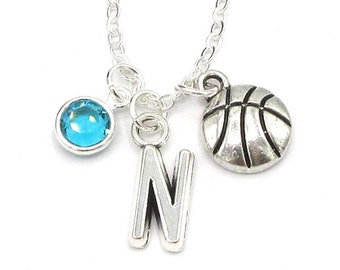 Basketball Necklace- birthstone and initial, Basketball Jewelry, Basketball Gift, Personalized Basketball, Basketball Mom, Sports Jewelry