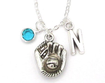 Baseball Necklace- birthstone + initial, Baseball Jewelry, Baseball Gift, Baseball Mom Jewlery, Baseball Mitt Jewelry, Baseball Gift for Her