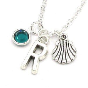 Seashell Necklace- birthstone and initial, Seashell Jewelry, Seashell Charm Jewelry, Sea Shell Pendant, Ocean Jewelry, Shell Gift for Her