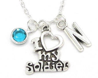 I Love My Soldier Necklace- birthstone and initial, Soldier Jewelry, Army Mom Jewelry, Army Wife Gift, Military Mom Gift, Military Jewelry