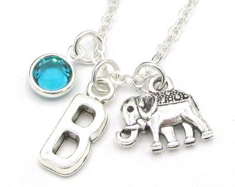 Elephant Necklace- birthstone and initial, Elephant Jewelry, Mini Small Elephant Personalized Necklace Birthstone Letter Jewelry for Her