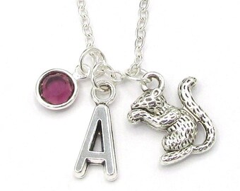 Squirrel Necklace- birthstone and initial, Squirrel Jewelry, Squirrel Charm Jewelry, Chipmunk Necklace, Chipmunk Jewelry, Animal Necklace