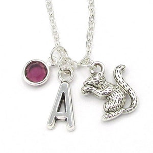 Squirrel Necklace- birthstone and initial, Squirrel Jewelry, Squirrel Charm Jewelry, Chipmunk Necklace, Chipmunk Jewelry, Animal Necklace