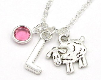 Sheep Necklace- birthstone and initial, Sheep Jewelry, Sheep Charm Jewelry, Sheep Pendant, Animal Jewelry, Personalized Necklace, Lamb Gift