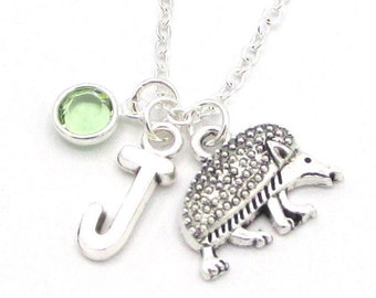 Hedgehog Necklace- birthstone and initial, Hedgehog Jewelry, Hedgehog Birthday Gift, Animal Jewelry, Silver Mammal Hedgehog Charm Jewelry