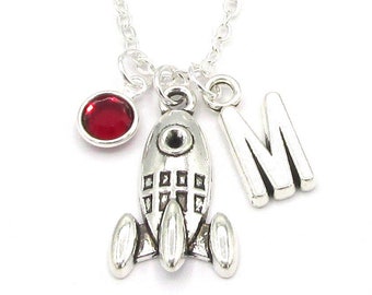 Rocketship Necklace- birthstone and initial, Rocketship Jewelry, Outerspace Gift, Astronomy Gift, Celestial Jewelry, Astronaut Birthday Gift