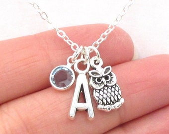 Owl Necklace- birthstone and initial, Owl Jewelry, Owl Charm Jewelry, Owl Gift, Owl Birthday, Owl Charm Jewelry, Bird Necklace, Silver Owl