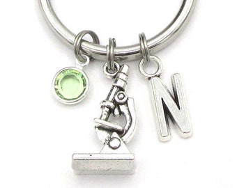 Microscope Keychain- choose a birthstone and initial, Microscope Keyring, Microscope Gift, Microbiology Gift, Science Keychain, Biologist