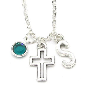 Cross Necklace- birthstone and initial, Hollow Cross Jewelry, Cross Pendant, Crucifix Jewelry, Silver Cross Gift for Her, Christian Jewelry