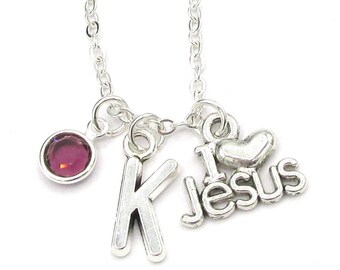 I Love Jesus Necklace- birthstone and initial, Jesus Christ Jewelry, Christian Jewelry, Pastor Gift for Her, Christian Gift, New Believer