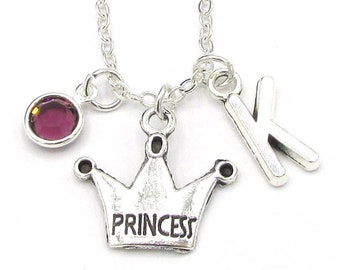 Princess Necklace- birthstone and initial, Crown Jewelry, Princess Birthday, Little Girl's Necklace, Royalty Princess Crown Gift for Her