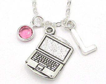Computer Necklace- birthstone and initial, Computer Jewelry, Geek Jewelry, Computer Geek Gift, Laptop Office Jewelry, IT Tech Support Gift
