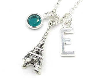 Eiffel Tower Necklace- birthstone and initial, Eiffel Tower Jewelry, France Charm Jewelry, Eiffel Tower Gift, French Paris Birthday Gift