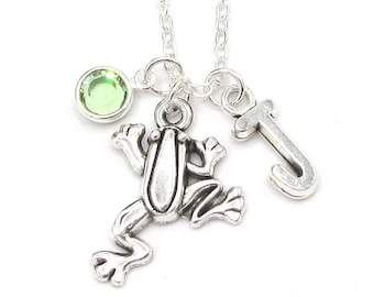 Frog Necklace- birthstone and initial, Personalized Frog Jewelry, Frog Gift, Birthstone Frog, Silver Frog Necklace, Frog Birthday Gift, Frog