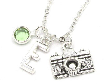 Camera Necklace- birthstone and initial, Photography Jewelry, Photography Gift, Camera Charm Necklace, Photography Necklace, Camera Jewelry