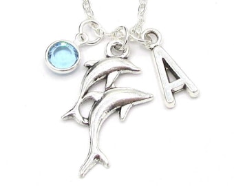 Dolphin Necklace- birthstone and initial, Personalized Dolphin Jewelry, Dolphin Gift, Hawaii Necklace, Dolphin Gift, Dolphin Birthday, Ocean