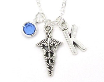 Caduceus Necklace- birthstone and initial, Caduceus Jewelry, Caduceus Gift, Nurse Necklace, Doctor Necklace, Medical Jewelry, Medical Gift