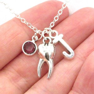 Dental Necklace- birthstone and initial, Dental Hygienist Jewelry, Tooth Necklace, Dentist Jewelry, Dentist Gift for Her, Dental Gift, Tooth
