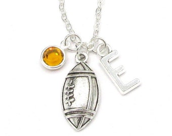 Football Necklace- birthstone and initial, Football Jewelry, Football Mom Gift, Personalized Football Pendant, Sports Jewelry Birthstone