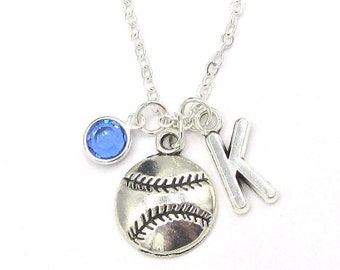 Baseball Necklace- birthstone and initial, Baseball Jewelry, Baseball Mom, Baseball Gift, Personalized Baseball Birthday Gift for Her