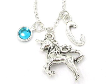 Unicorn Necklace- birthstone and initial, Personalized Unicorn Charm Jewelry Necklace, Unicorn Birthday Gift for Her, Silver Unicorn Jewelry