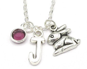 Rabbit Necklace- birthstone and initial, Rabbit Jewelry, Rabbit Gift, Personalized Rabbit, Rabbit Charm, Bunny Necklace, Rabbit Birthday