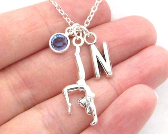 Gymnastics Necklace- birthstone and initial, Gymnastics Jewelry, Personalized Gymnastics Gift for Her, Sports Birthstone Initial Necklace