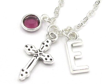 Cross Necklace- birthstone and initial, Cross Jewelry, Crucifix Pendant, Christian Jewelry, Christian Gift for Her, Birthstone Silver Cross