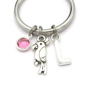 Parrot Keychain- birthstone and initial, Bird Keychain, Parrot Keyring, Bird Keyring, Bird Gift, Cockatoo Keychain, Bird Accessories for Her