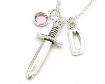 Sword Necklace- birthstone and initial, Sword Jewelry, Sword Gift, Personalized Sword, Medieval Necklace, Medieval Jewelry, Silver Sword