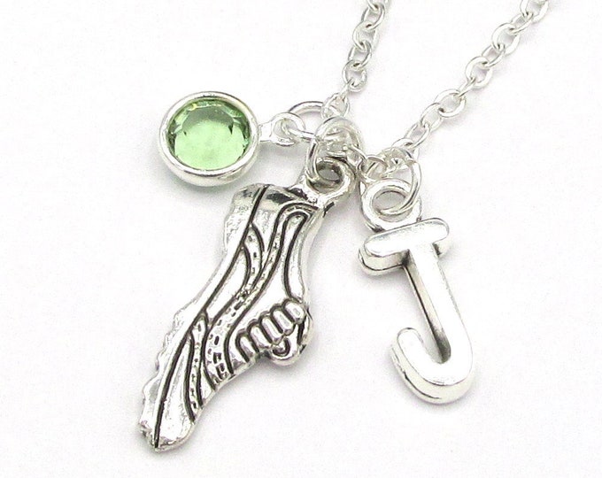 Running Necklace- birthstone and initial, Running Jewelry, Running Gift, Cross Country, Marathon Necklace, Sneaker Necklace, Shoe Jewelry