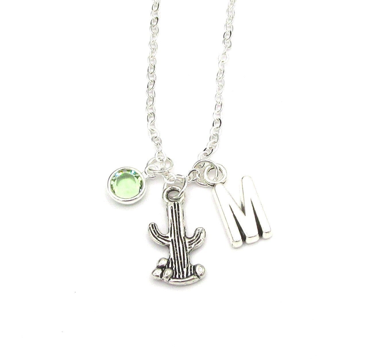 Cactus Necklace- Birthstone and Initial, Cactus Jewelry