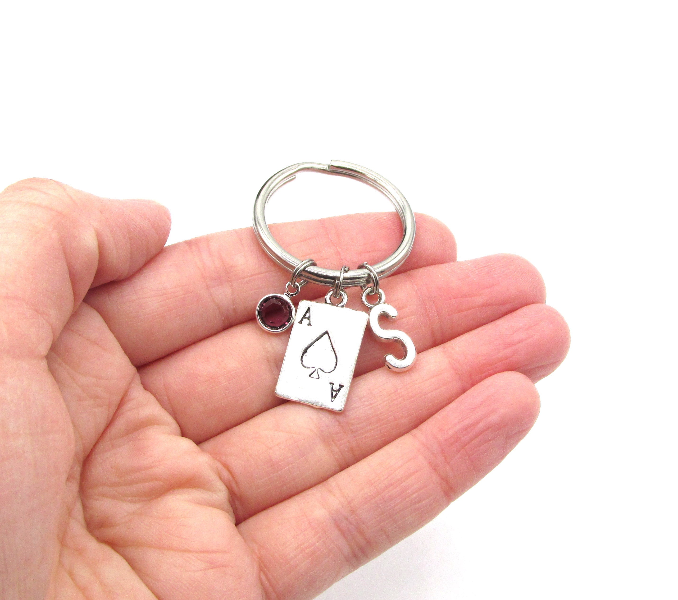 Ace of Spades Keychain birthstone and initial Card Keychain Etsy