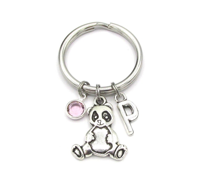 Panda Keychain birthstone and initial, Panda Keyring, Panda Gift, Panda Charm, Panda Birthstone, Personalized Panda, Silver Panda Gift image 1