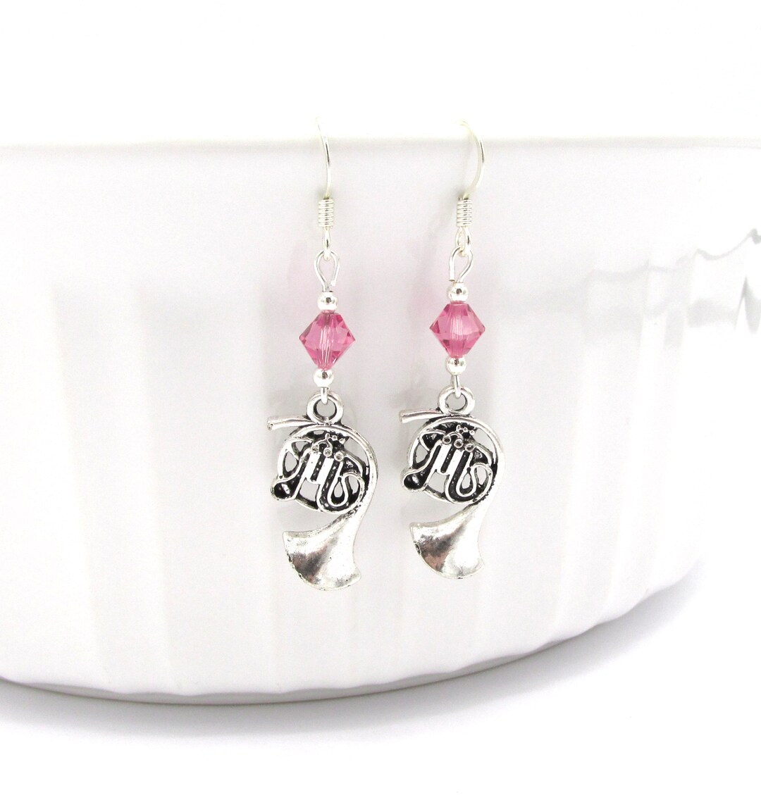 French Horn Earrings Choose a Birthstone, French Horn Jewelry, French
