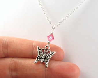 Butterfly Necklace- choose a birthstone color, Butterfly Jewelry, Butterfly Pendant, Butterfly Charm, Dainty Butterfly, Butterfly Gift