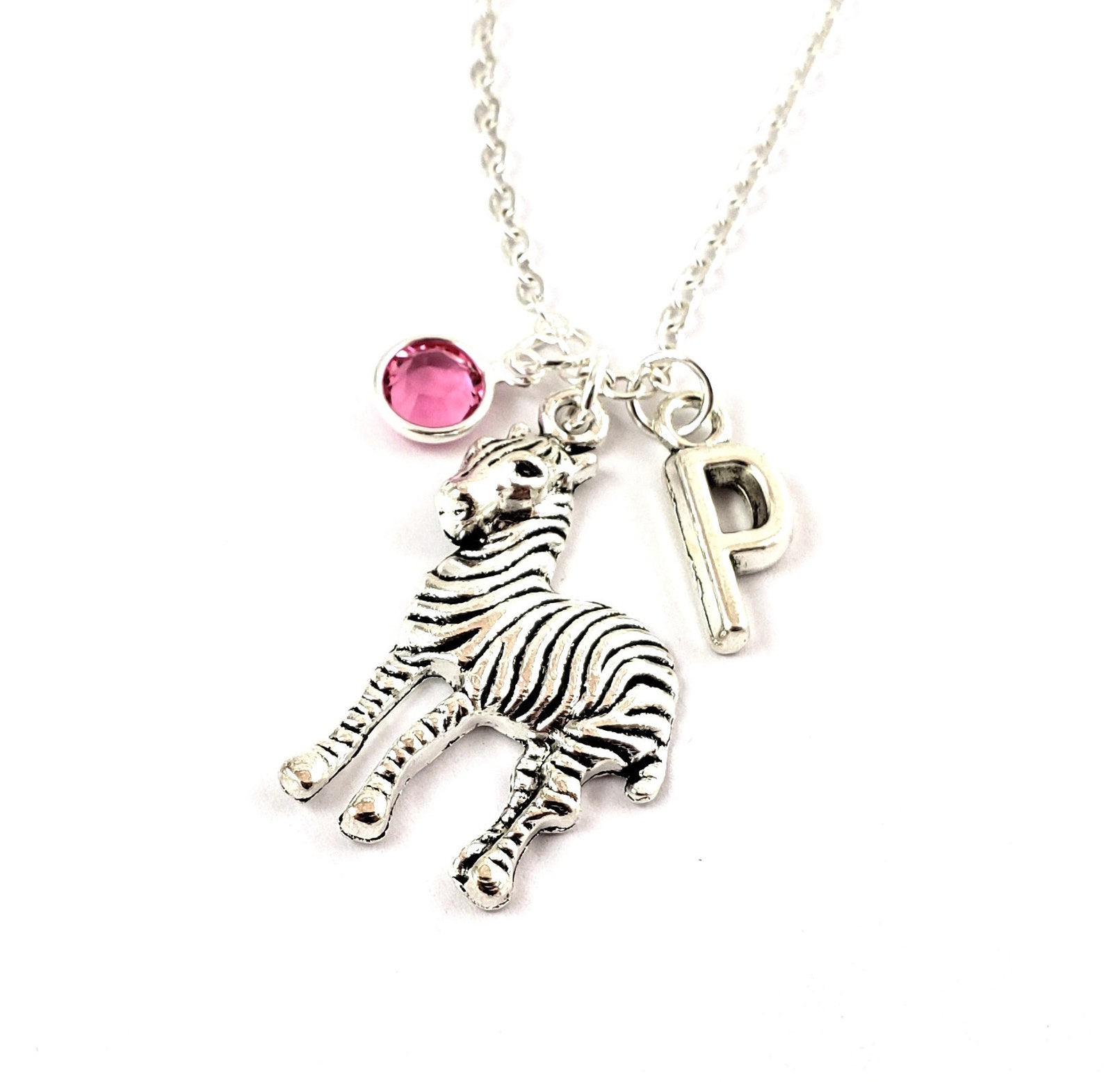 Zebra Necklace Choose a Birthstone and Initial Zebra Etsy