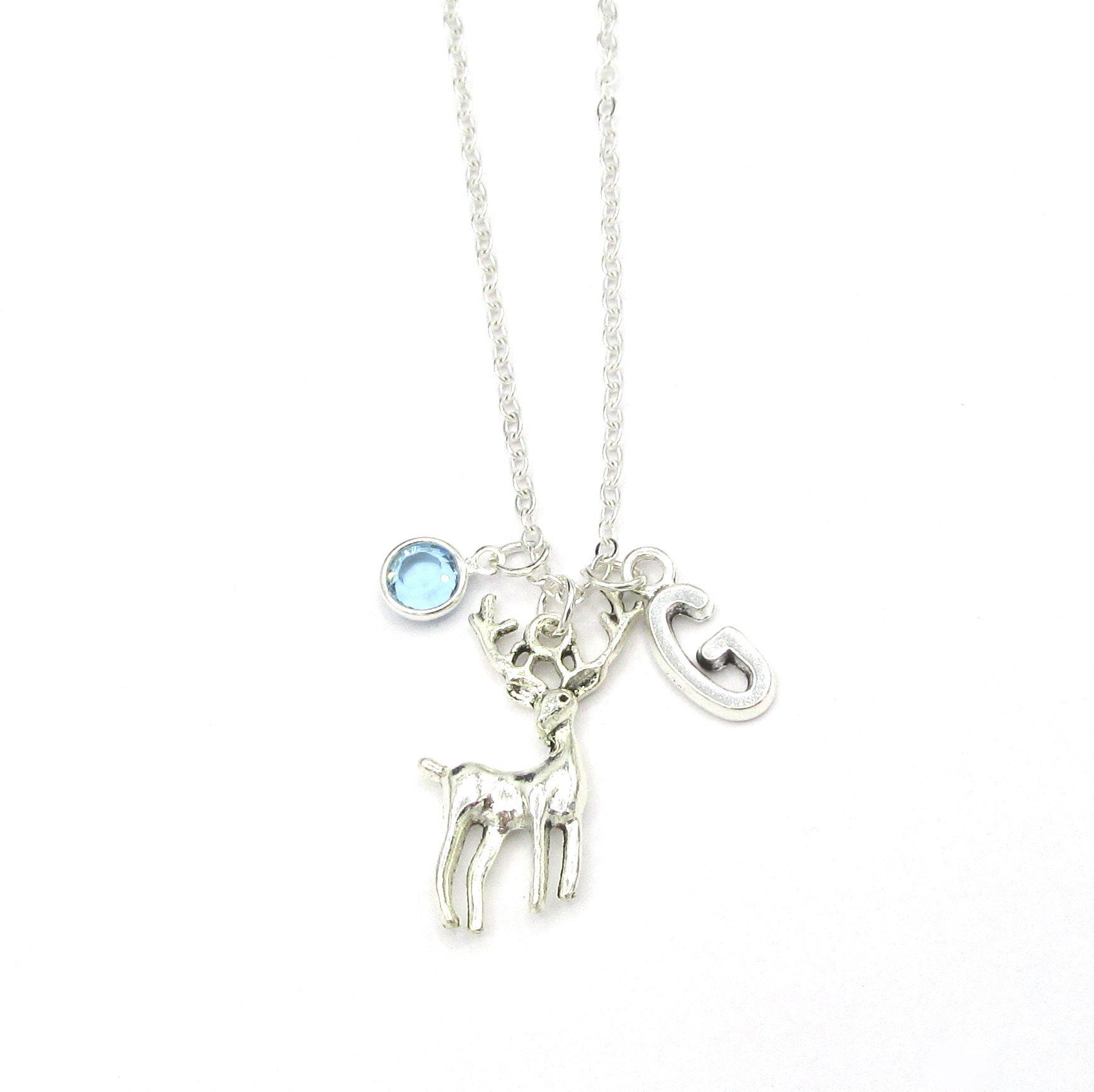 Deer Necklace birthstone and initial Deer Jewelry Deer | Etsy