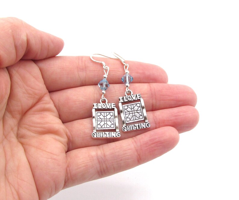 I Love Quilting Earrings choose a birthstone, Quilt Jewelry, Quilt Gift, Quilter Birthstone, I Love to Quilt, Gift for Quilter, Quilt Charm image 4