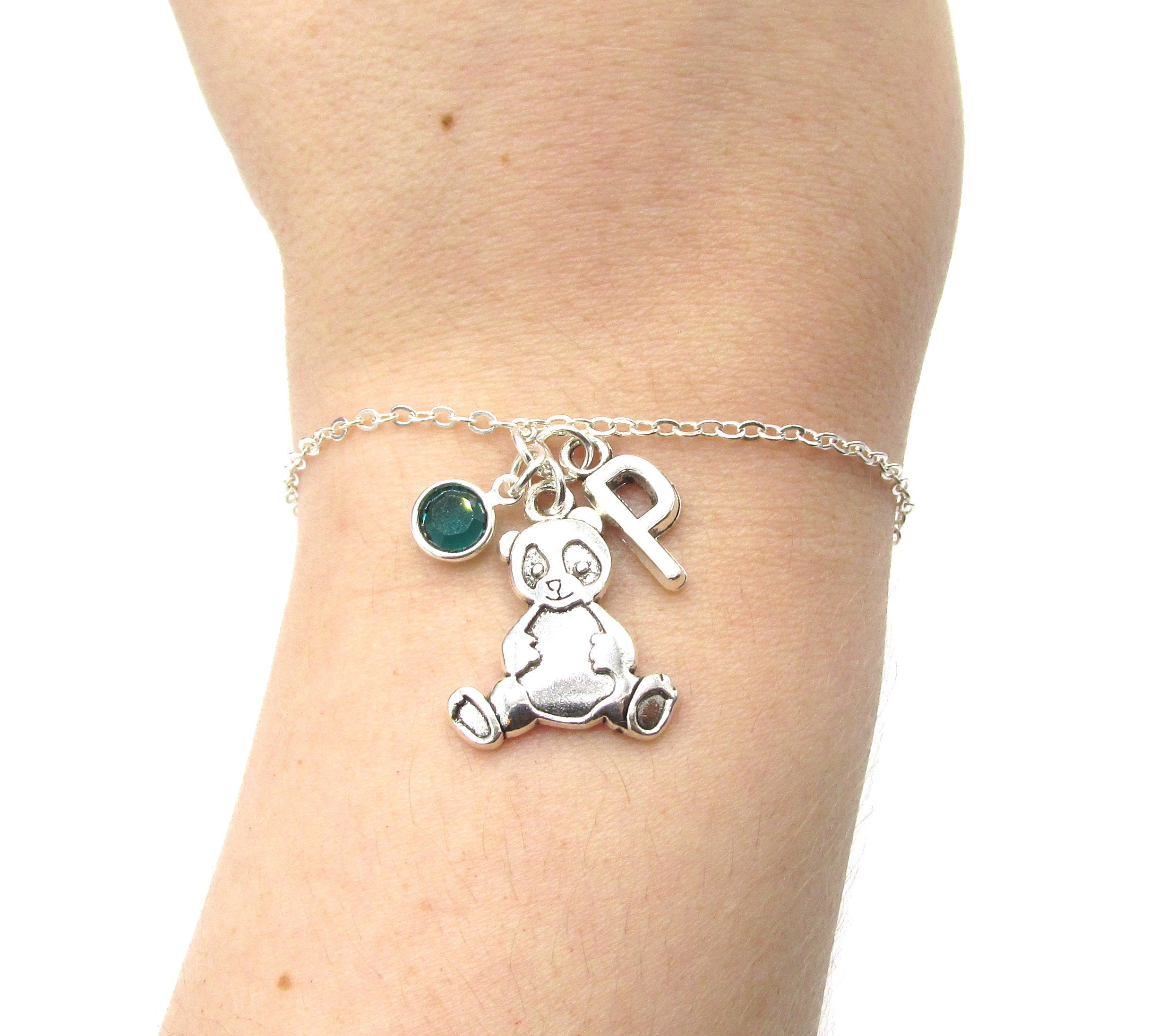 Panda Charm Bangle Bracelet Gift Personalised Initial Birthstone 