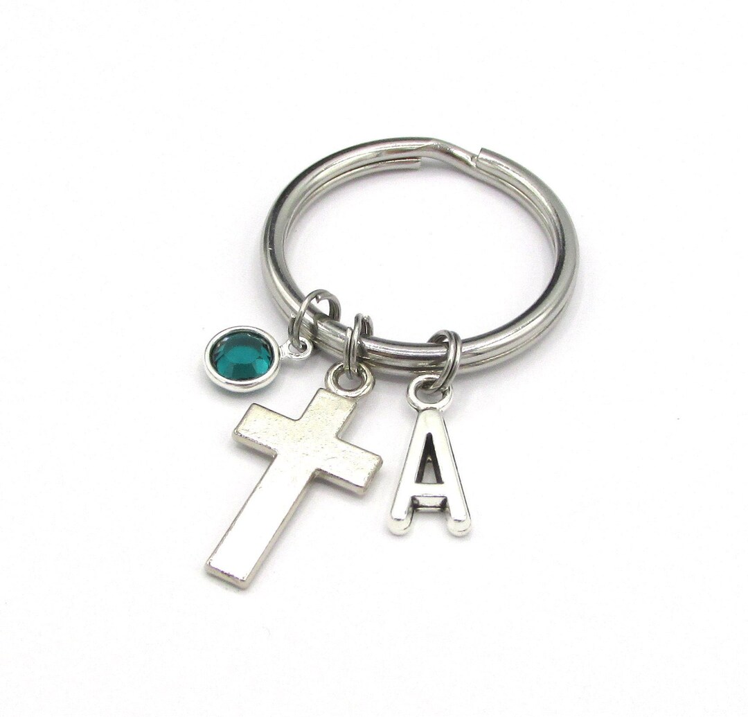 Cross Keychain- Birthstone and Initial, Personalized Cross Keyring ...