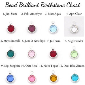 May include: A chart displaying the birthstones for each month of the year. The chart features a small, round bead representing each birthstone. The beads are arranged in rows of four, with the month and birthstone name listed below each bead.