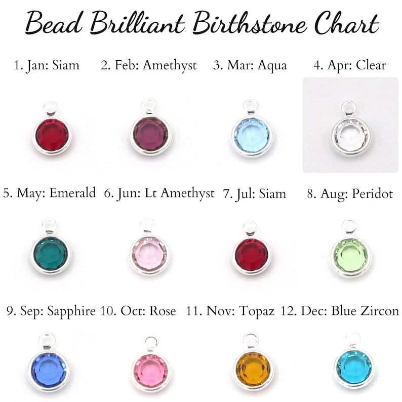 May include: A chart displaying the birthstones for each month of the year. The chart features a small, round bead representing each birthstone. The beads are arranged in rows of four, with the month and birthstone name listed below each bead.