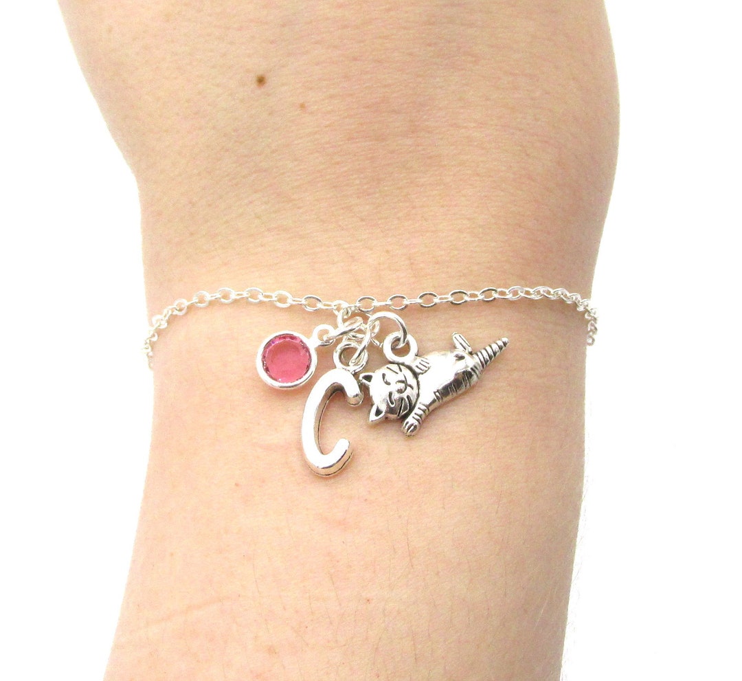 Cat Bracelet Birthstone and Initial, Cat Jewelry, Cat Gift, Cat