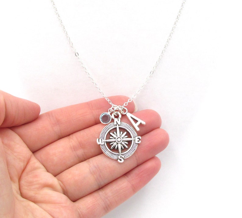 Compass Necklace Birthstone and Initial Compass Jewelry Etsy