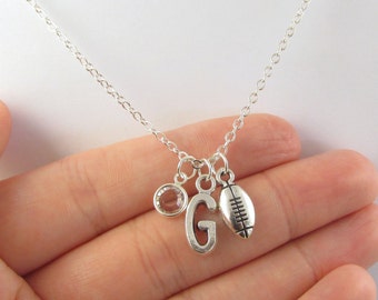 Football Necklace- choose a birthstone and initial, Football Jewelry, Football Gift, Personalized Football, Football Mom, Football Charm