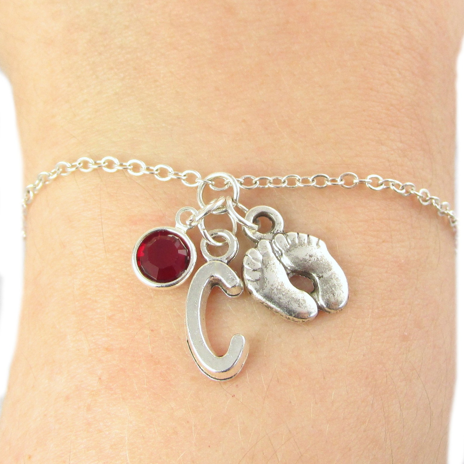 Baby Feet Bracelet Choose a Birthstone and Initial Baby Feet Etsy