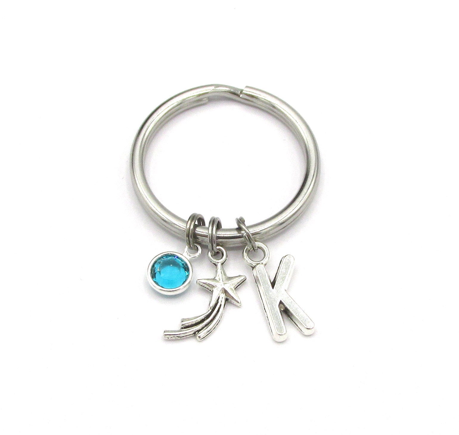 Shooting Star Keychain- Birthstone and Initial, Silver Star