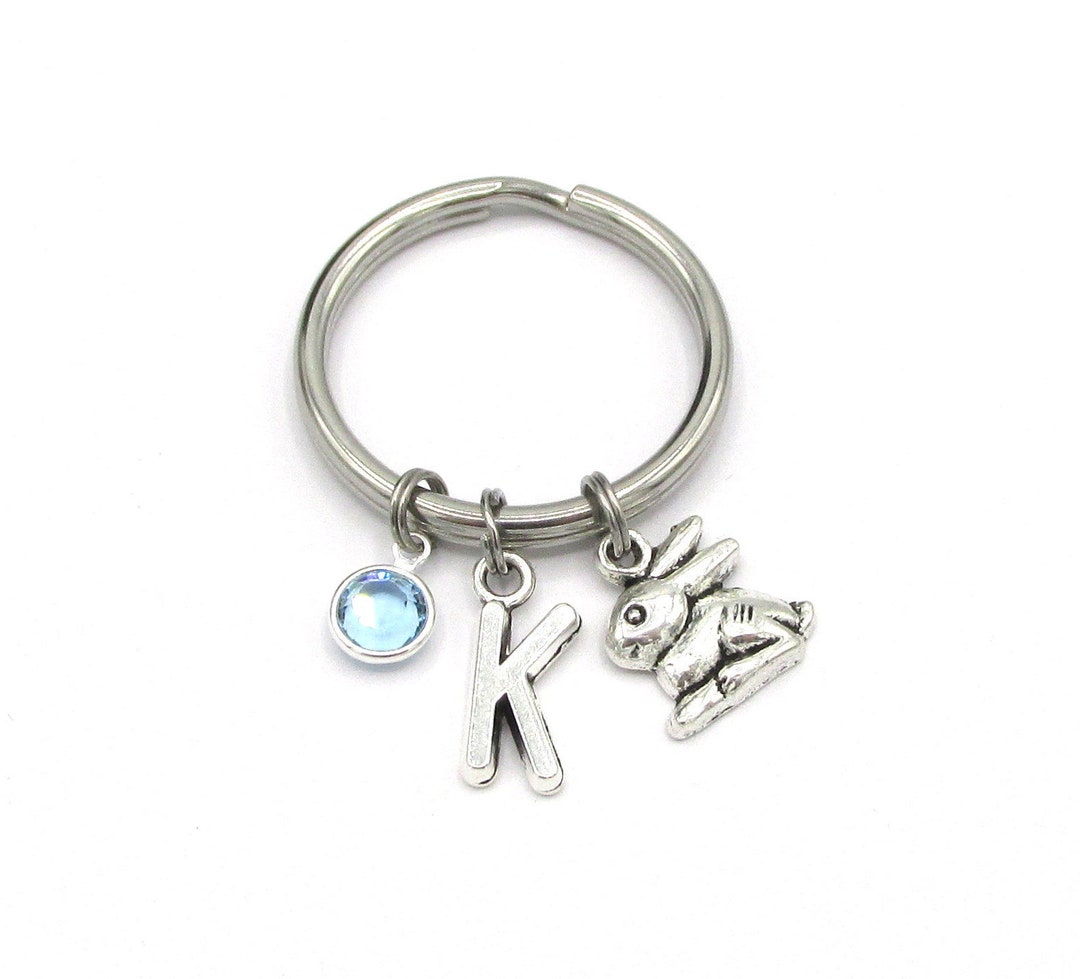 Rabbit Keychain- Birthstone and Initial, Rabbit Keyring, Rabbit Gift ...